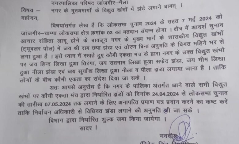 जांजगीर में लगे श्रीराम झंडा को उतारने कांग्रेस नेता ने लिखा पत्र, सर्व हिन्दु समाज ने जताई कड़ी आपत्ति, ऐनचुनाव समय इस कारनामे से बढ़ी कांग्रेस की मुश्किले 1 KSHITITECH IMG 20240423 WA0042 2 KSHITITECH