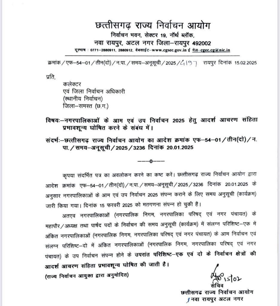 नगर निकाय चुनाव: आज से समाप्त हुई आदर्श आचार संहिता, विकास कार्यों को मिलेगी रफ्तार 2 KSHITITECH img 20250216 wa00165333611524940325393 KSHITITECH
