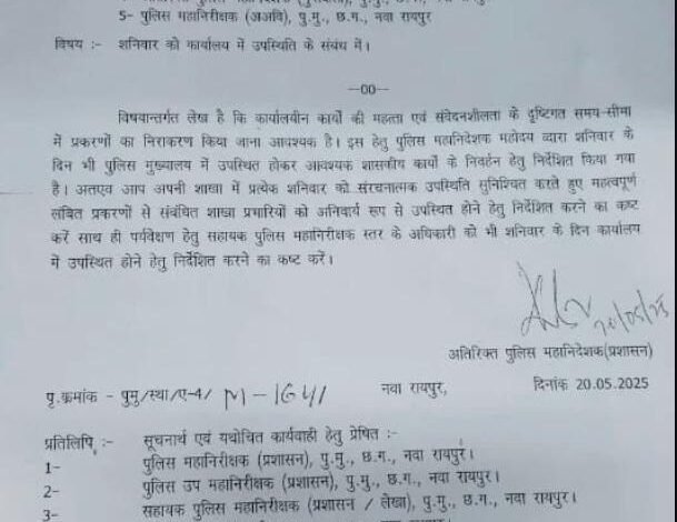 छत्तीसगढ़ PHQ का बड़ा प्रशासनिक फैसला: शनिवार की छुट्टियाँ रद्द, अब छह दिवसीय कार्यदिवस 1 KSHITITECH IMG 20250523 WA0010 KSHITITECH